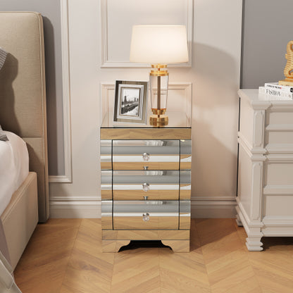 Silver Mirrored Nightstand with 3 Drawers, Curved Glass & MDF Bedside Chest for Small Spaces