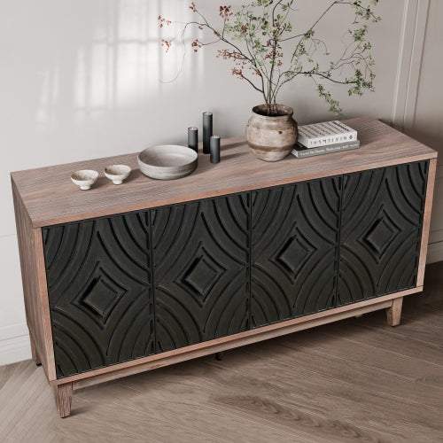 Mid Century Sideboard Buffet Cabinet with Solid Wood Legs and 4 Convex Pattern Diamond Doors