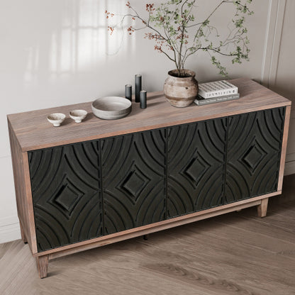 Mid Century Sideboard Buffet Cabinet with Solid Wood Legs and 4 Convex Pattern Diamond Doors
