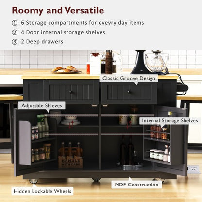 48inch Kitchen Island with 2 Bar Stools, Power Outlet, Internal Storage Rack, Kitchen Storage Cart on 5 Wheels with Drop Leaf, 5 Open Side Racks, Drawers, Black (Old SKU N707S000015B)(Three Packages)