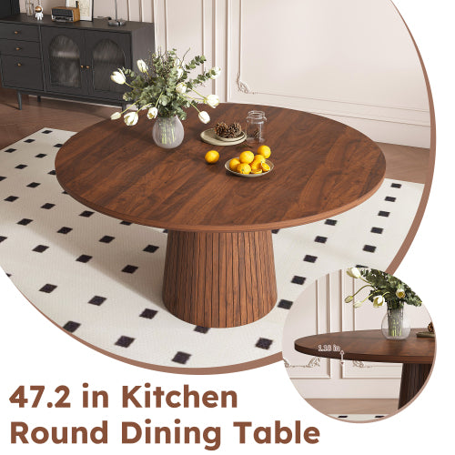 47 Inch Round Farmhouse Dining Table, Walnut Finish