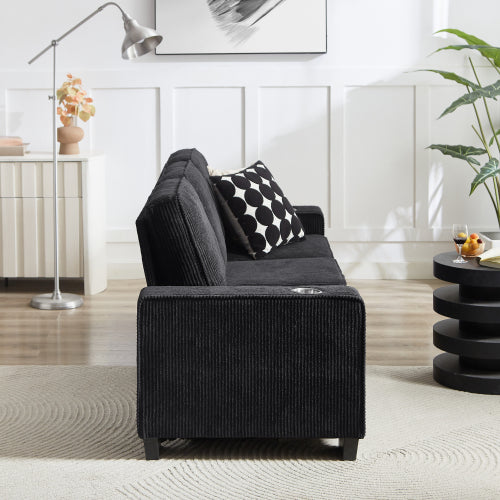 Black 83.86 inch  Corduroy 3Seater Compressed Sofa with Dual CupHolders