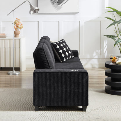 Black 83.86 inch  Corduroy 3Seater Compressed Sofa with Dual CupHolders
