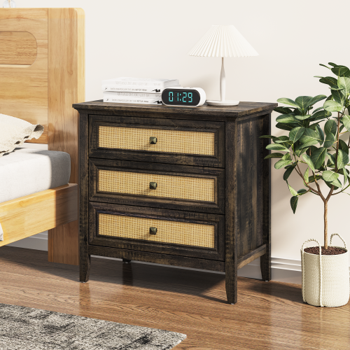 Dark Rustic Oak 3-Drawer Rattan Farmhouse Dresser Nightstand