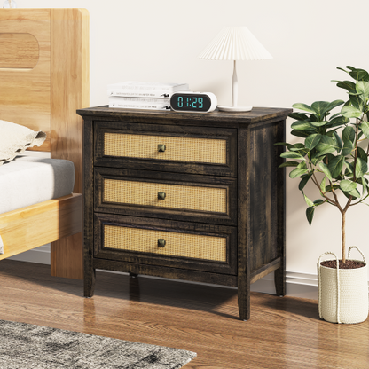 Dark Rustic Oak 3-Drawer Rattan Farmhouse Dresser Nightstand