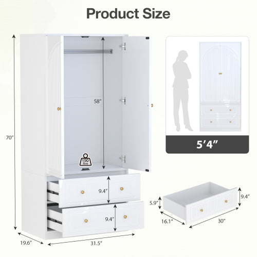 Armoire Wardrobe Closet, Wooden Cloth Storage Organizer with 2 Storage Drawers and Removable Hanging Rods, White