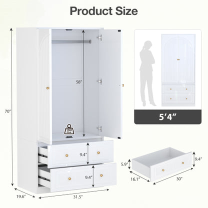 Armoire Wardrobe Closet, Wooden Cloth Storage Organizer with 2 Storage Drawers and Removable Hanging Rods, White