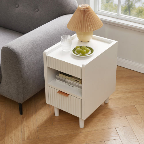 2 Pack White Fluted Nightstand, Integrated Base Bedside Table with Drawer & Open Cubby