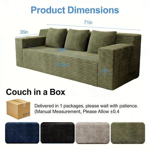71 inch  Corduroy L-Shaped Deep-Seat 3-Seater Sofa, No Assembly Required