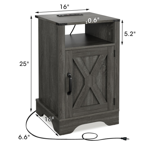 Farmhouse Nightstand with Charging Station, Rustic End Table with Storage Cabinet, Dark Grey