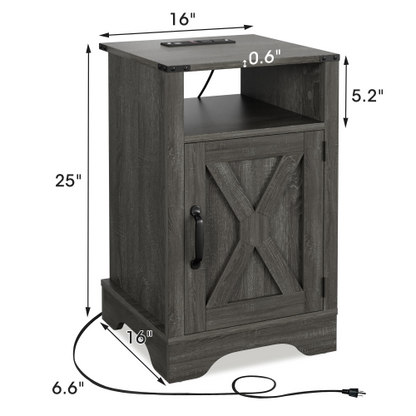 Farmhouse Nightstand with Charging Station, Rustic End Table with Storage Cabinet, Dark Grey