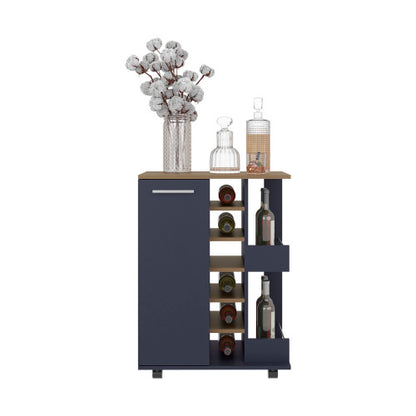 Bar Cart, Two External Shelves, Four Casters, Six Built-In Wine Rack, Single Door Cabinet, Natural Oak, Blue