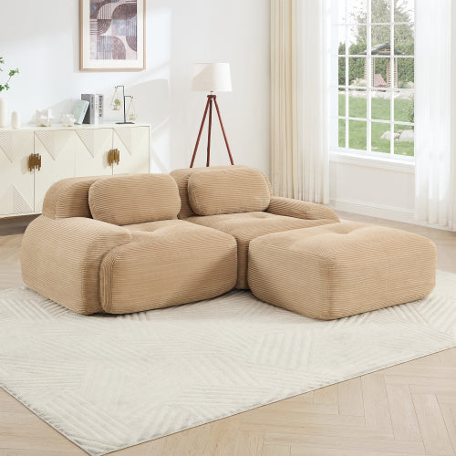 82-Inch Camel Corduroy L-Shaped Modular Sectional Sofa Curved Armrest No-Assembly