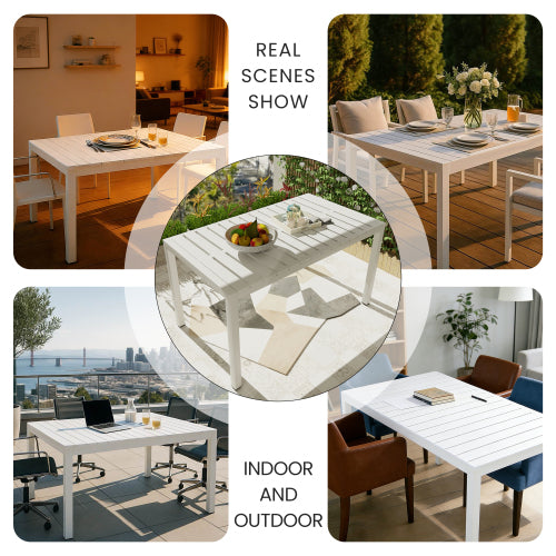 55 Inch Modern Long Table - Indoor/Outdoor Multi-Purpose Dining Table, Patio Table, Garden Table - Lightweight PP Tabletop with Metal Legs for Kitchen, Courtyard, Terrace Gatherings (White)