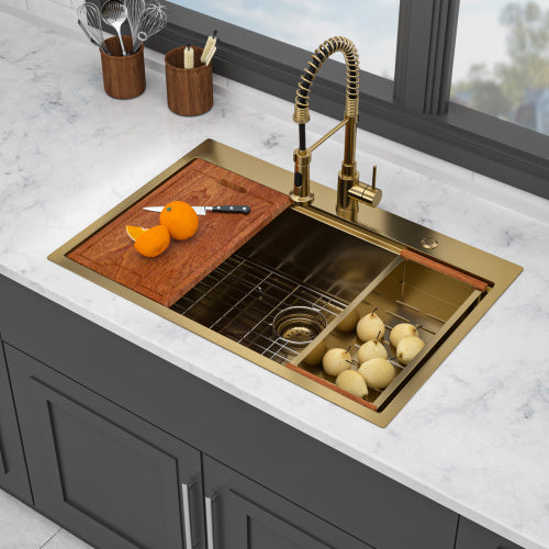 33" Drop in Gold Kitchen Sink - 33 x 22 x 10 inch Kitchen Sink Drop-in Topmount Single Bowl 16 Gauge Stainless Steel Ledge Workstation Kitchen Sinks