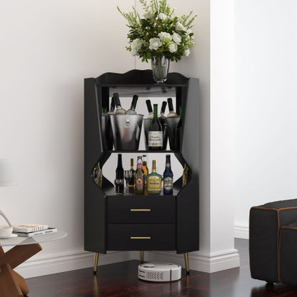 Wooden Corner bar cabinet with 2 open storage shelves and 2 drawers, mirrored back sideboard cabinet, high feet/legs for easy cleaning, buffet cabinet BLACK