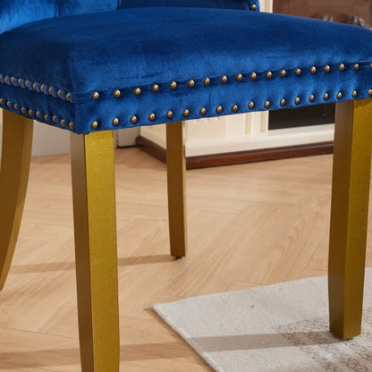 Mid-Century Modern Velvet Dining Chairs Set of 2 with Lion Head Pull Ring, Tufted Upholstered Chair, Blue
