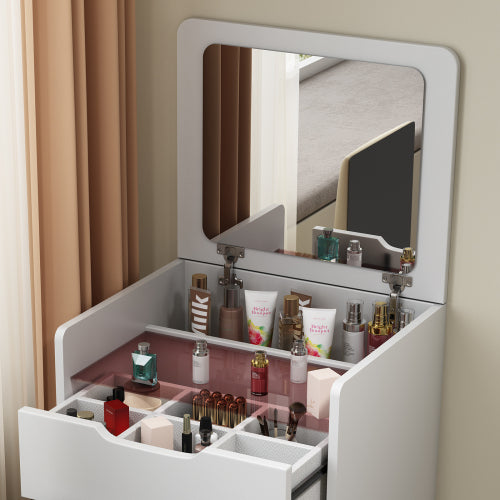 ( 48CM ) 3 in 1 Vanity Desk with Plip Top Mirror, Small Make Up Vanity Set with Visible Glass Desktop, Compact Makeup Vanity with 3 Drawers, Dressing Table for Bedroom ( WHITE COLOR )