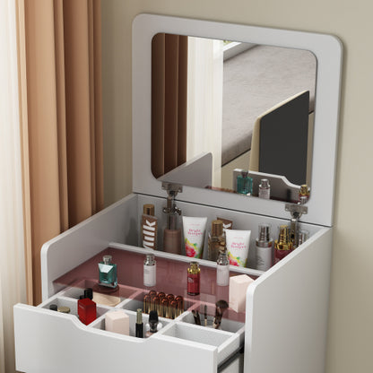 ( 48CM ) 3 in 1 Vanity Desk with Plip Top Mirror, Small Make Up Vanity Set with Visible Glass Desktop, Compact Makeup Vanity with 3 Drawers, Dressing Table for Bedroom ( WHITE COLOR )
