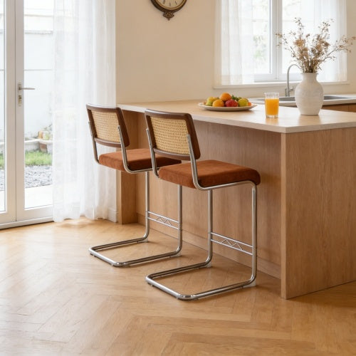 Natural Woven Bar Stool 2-Piece Set with Solid Wood Backrest 25 Inches Medieval Modern Style Counter Stool Coffee Color Velvet Kitchen Stool Chrome Metal Legs.