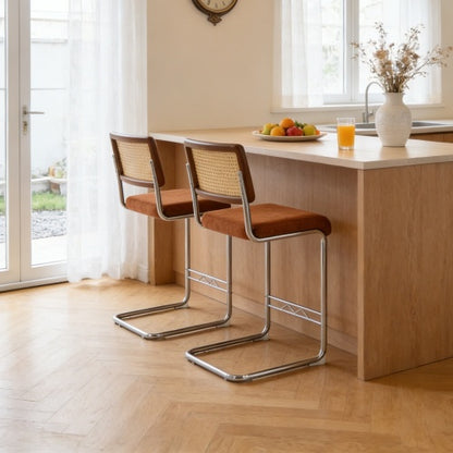 Natural Woven Bar Stool 2-Piece Set with Solid Wood Backrest 25 Inches Medieval Modern Style Counter Stool Coffee Color Velvet Kitchen Stool Chrome Metal Legs.