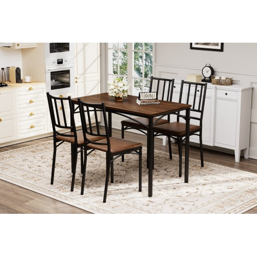 4-Piece Walnut Industrial Dining Set, Table & 4 PU Benches