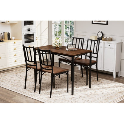 4-Piece Walnut Industrial Dining Set, Table & 4 PU Benches