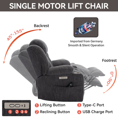 Up to 350 LBS Chenille Power Lift Recliner Chair, Heavy Duty Motion Mechanism with 8-Point Vibration Massage and Lumbar Heating, USB and Type-C Ports, Stainless Steel Cup Holders, Grey