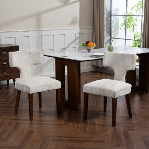 Set of 2 Beige Chenille Mid Century Dining Chairs, Wood Frame Upholstered Accent Chairs