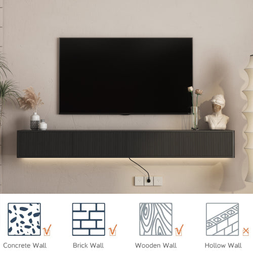 Wall Mount Floating High Gloss TV Cabinet with 16 Color LED Lights & Power Outlet for Living Room