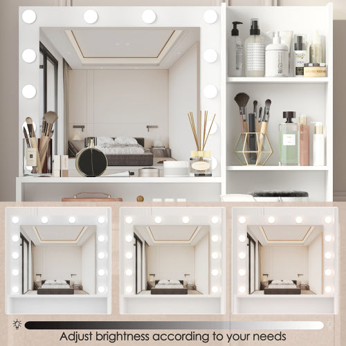 White Vanity Desk with Mirror & Light, 12 LED Bulbs, Large Drawer, 3 Shelves & 3-Level Cabinets, 3 Lighting Modes