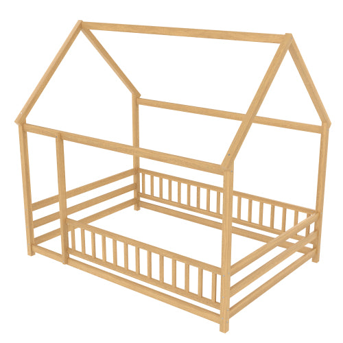 Full Size Floor Wooden Bed with House Roof Frame, Fence Guardrails,Natural