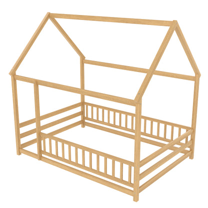 Full Size Floor Wooden Bed with House Roof Frame, Fence Guardrails,Natural