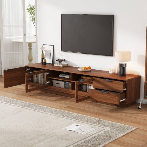 78.74 inch Walnut Fluted Glass Door Legless TV Stand 2 Drawer Media Console Supports Up To 85 inch TV