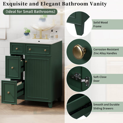 24" Forest Green Bathroom Vanity Cabinet with Ceramic Sink, 2 Drawers, 1 Soft-Close Door