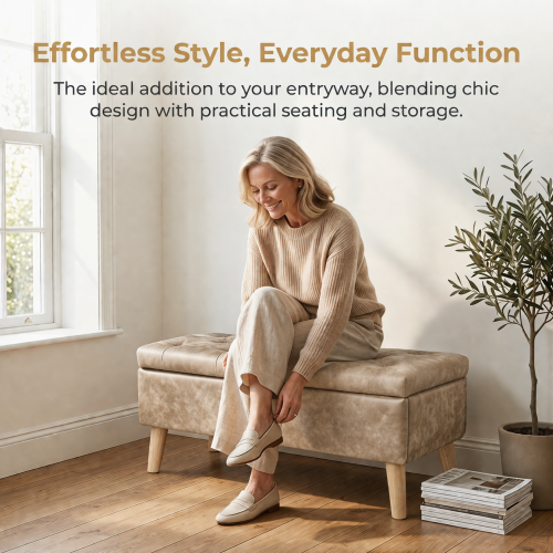 32 Inch Wide Square Storage Ottoman Bench with Built-in Tray, Upholstered Footrest, Multi-Functional End of Bed Bench