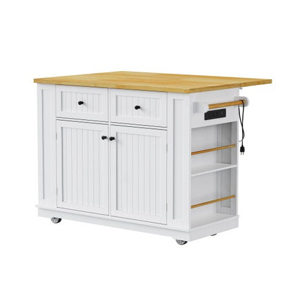 48inch Kitchen Island with 2 Bar Stools, Power Outlet, Door Internal Storage Rack, Kitchen Storage Cart on 5 Wheels with Drop Leaf, 5 Side Racks, 2 Drawers,White