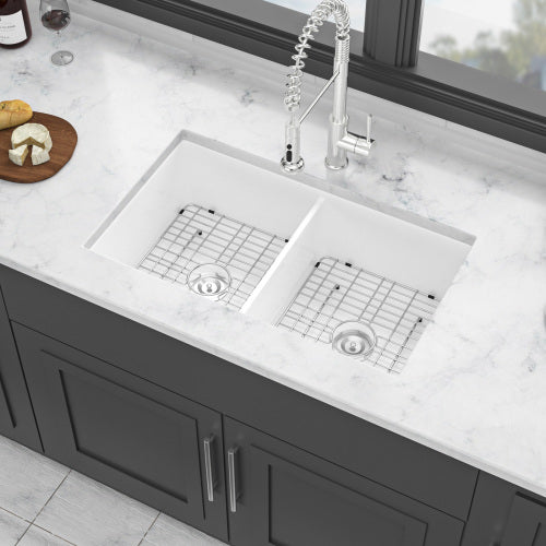 32"x19"x10" Undermount Double Bowl Fireclay Kitchen Sink - Dual Mount White Porcelain Fireclay Rectangular Deep Double Bowl Sink Basin