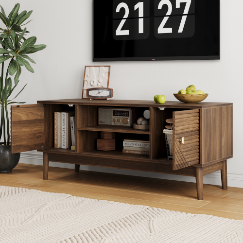 43.31 Inch Walnut Mid-Century Grille Door TV Stand Solid Wood Leg Media Console for 45 Inch TV