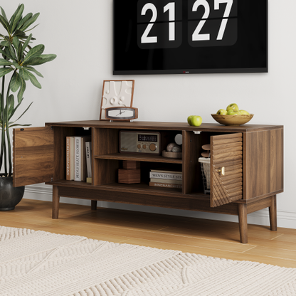 43.31 Inch Walnut Mid-Century Grille Door TV Stand Solid Wood Leg Media Console for 45 Inch TV