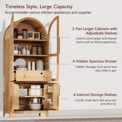 71 Inch Tall Arched Farmhouse Glass Door Kitchen Pantry Storage Cabinet