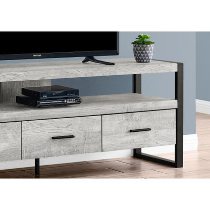 60 Inch Rustic Grey Industrial TV Stand with Black Metal Frame & 3 Metal Glide Drawers