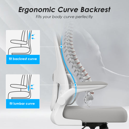 Office Chair, Mesh Ergonomic Office Chair with Lumbar Support, Comfy Computer Desk Chair with Flip Armrest Rolling Wheels for Home Study Room Office, White & Gray