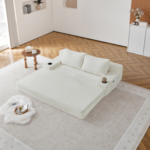 70.8-inch corduroy two-in-one sofa bed, featuring a lounge chair with two throw pillows, built-in cup holders in the armrests, and side storage pockets-ideal for living rooms, bedrooms, and relaxation