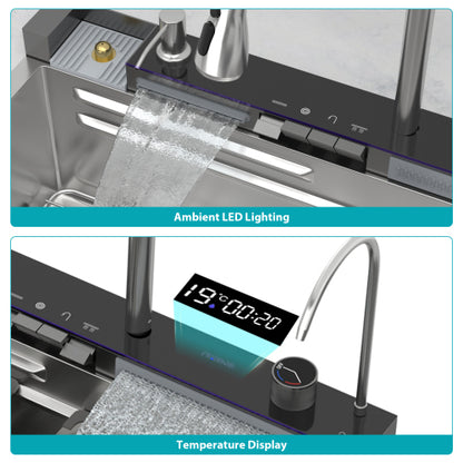 30" Kitchen Sink Waterfall Sink - 30 x 19 x 9 inch Multifunction Single Bowl 16 Gauge Stainless Steel Ledge Workstation Smart Top Mount Kitchen Sinks