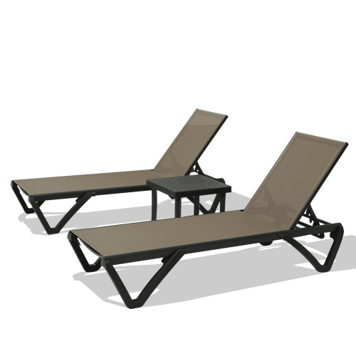 Pool Lounge Chairs Set of 2 with Side Table, Aluminum Adjustable Outdoor Chaise Lounge with Wheels, All Weather Poolside Chairs for Deck Lawn Patio Backyard, Textilene, Khaki