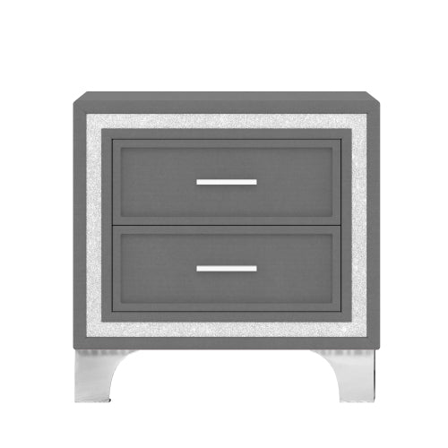 Mid Century Vintage Nightstand with Silver Glitter Strip Decor and Metal Legs, Velvet Bedside Table with 2 Drawers, Fully Assembled Except Legs and Handles, Gray