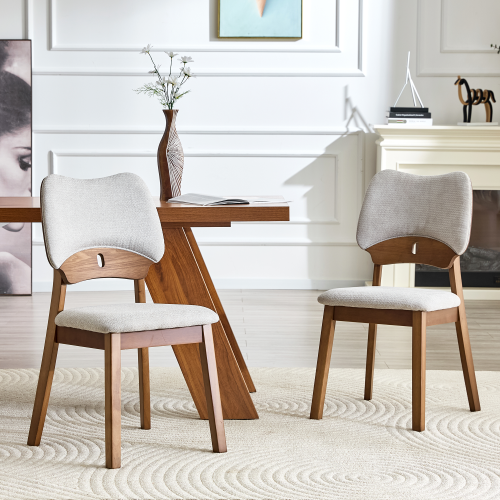 Set of 2 Walnut Solid Wood Dining Chairs, Hollow Out Curved Back Chairs with Gray Fabric