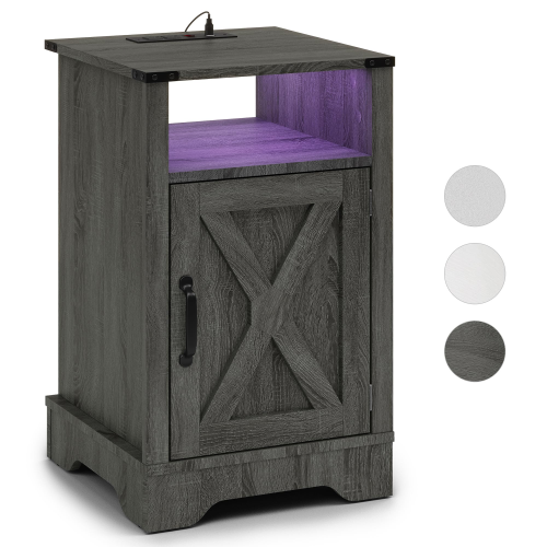 LED Nightstand Set of 2 with Charging Station, Farmhouse End Table with Storage