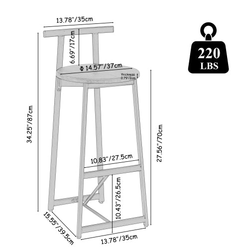 27inch H Barstool Set of 3 Wooden Round Bar Stools with Footrest Modern Kitchen Chairs for Counter (Black & Black)